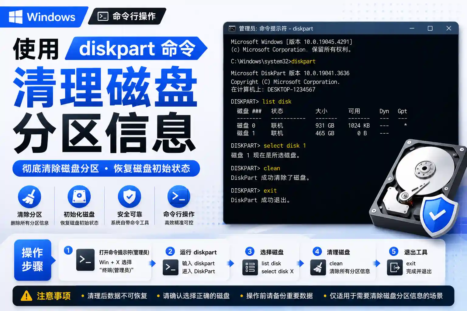 使用Windows命令行diskpart 命令清理磁盘分区信息